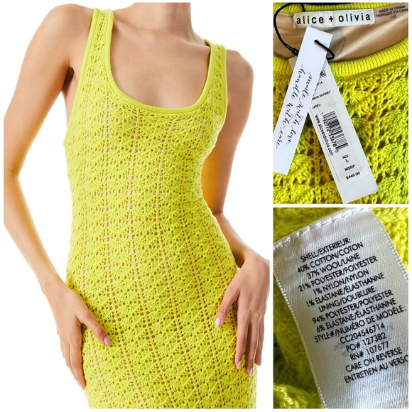Alice + Olivia Veronique Pointelle Lemon Yellow Scoop Neck Wool Blend Dress - Picture 13 of 16